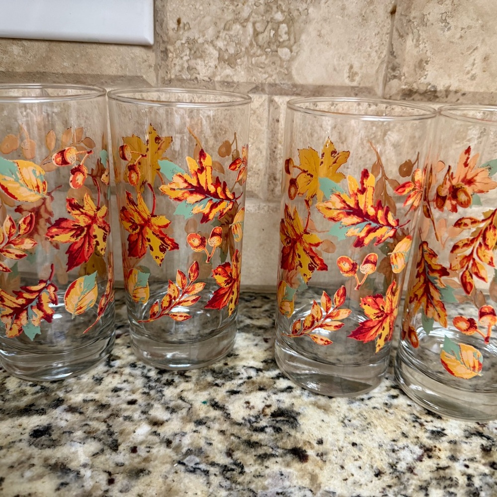 Fall Leaf Glass Tumbler Set - Orange and Teal Decorative Drinking Glasses